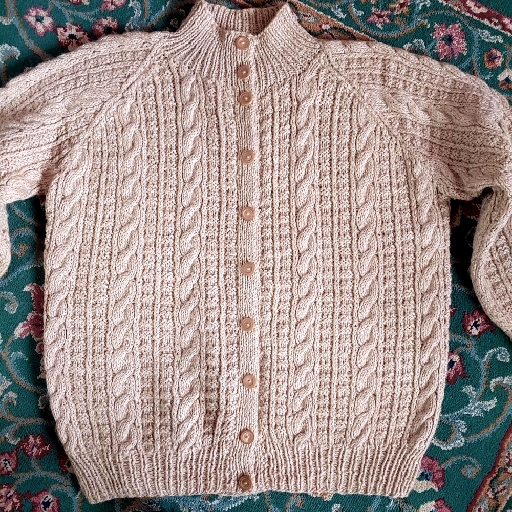 Handmade Cable Knit Long Slouchy Fuzzy Wool Cardigan Ribbed Cuffs Oatmeal Color - Picture 4 of 13